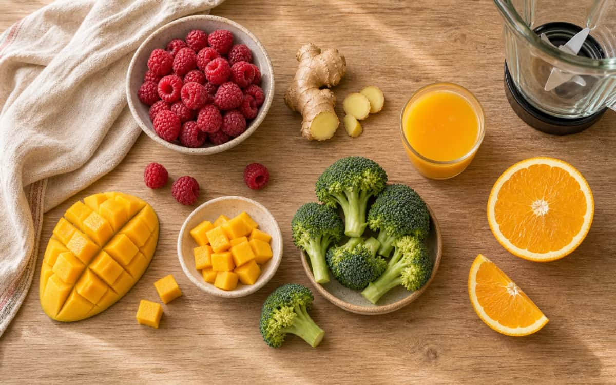 Alle Zutaten auf einen Blick Zutaten für Schwangerschafts-Smoothie auf Tisch