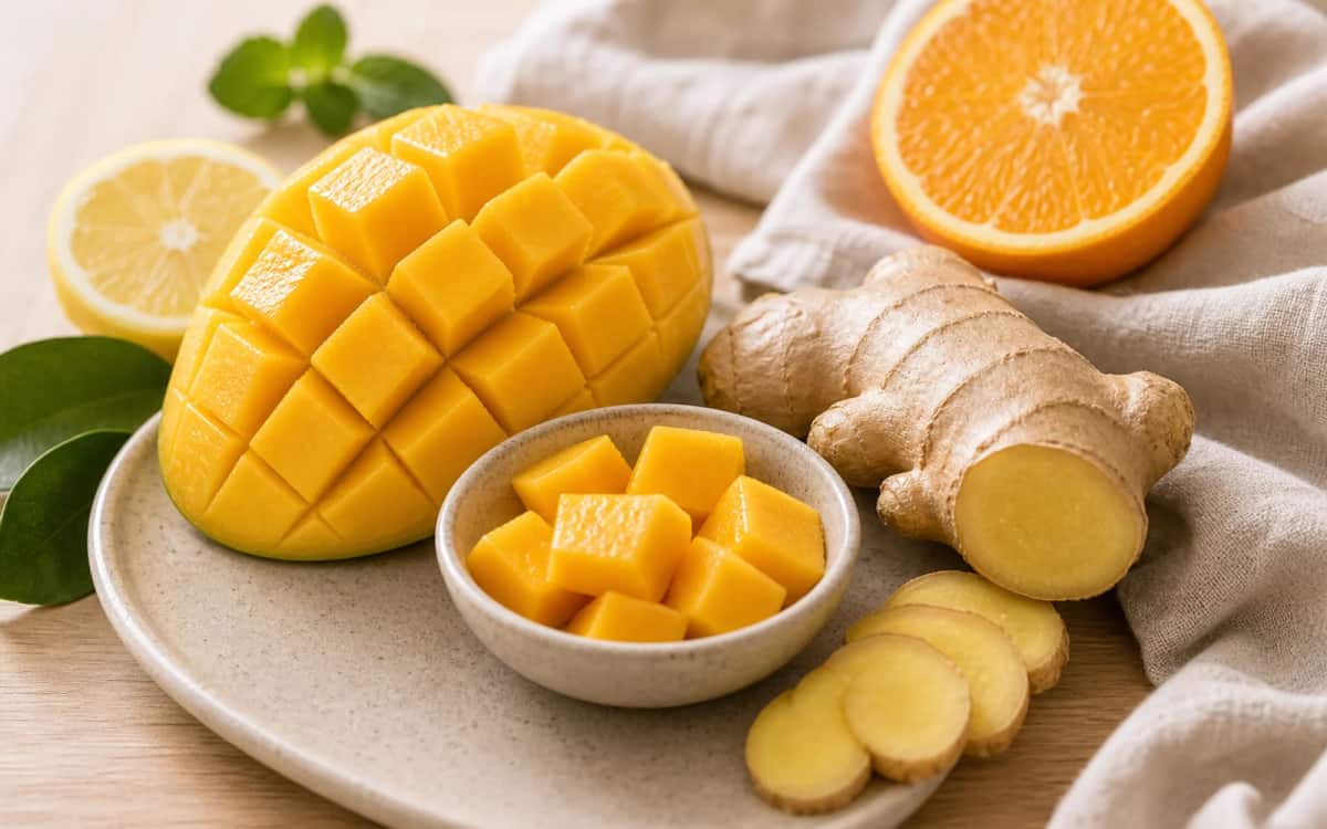 Bio-Mango und frische Ingwerwurzel: Das Power-Duo Mango und Ingwerwurzel in Nahaufnahme auf hellem Untergrund