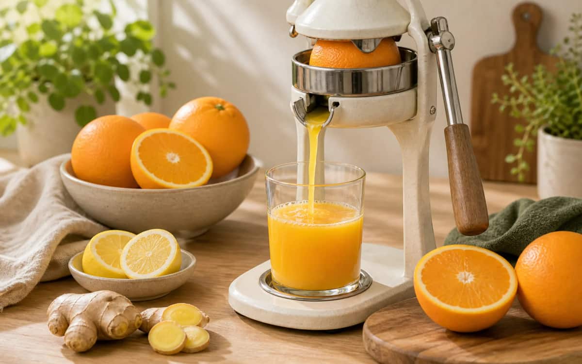 Orangen werden frisch gepresst für maximale Vitaminpower Frisch gepresster Orangensaft läuft aus der Saftpresse