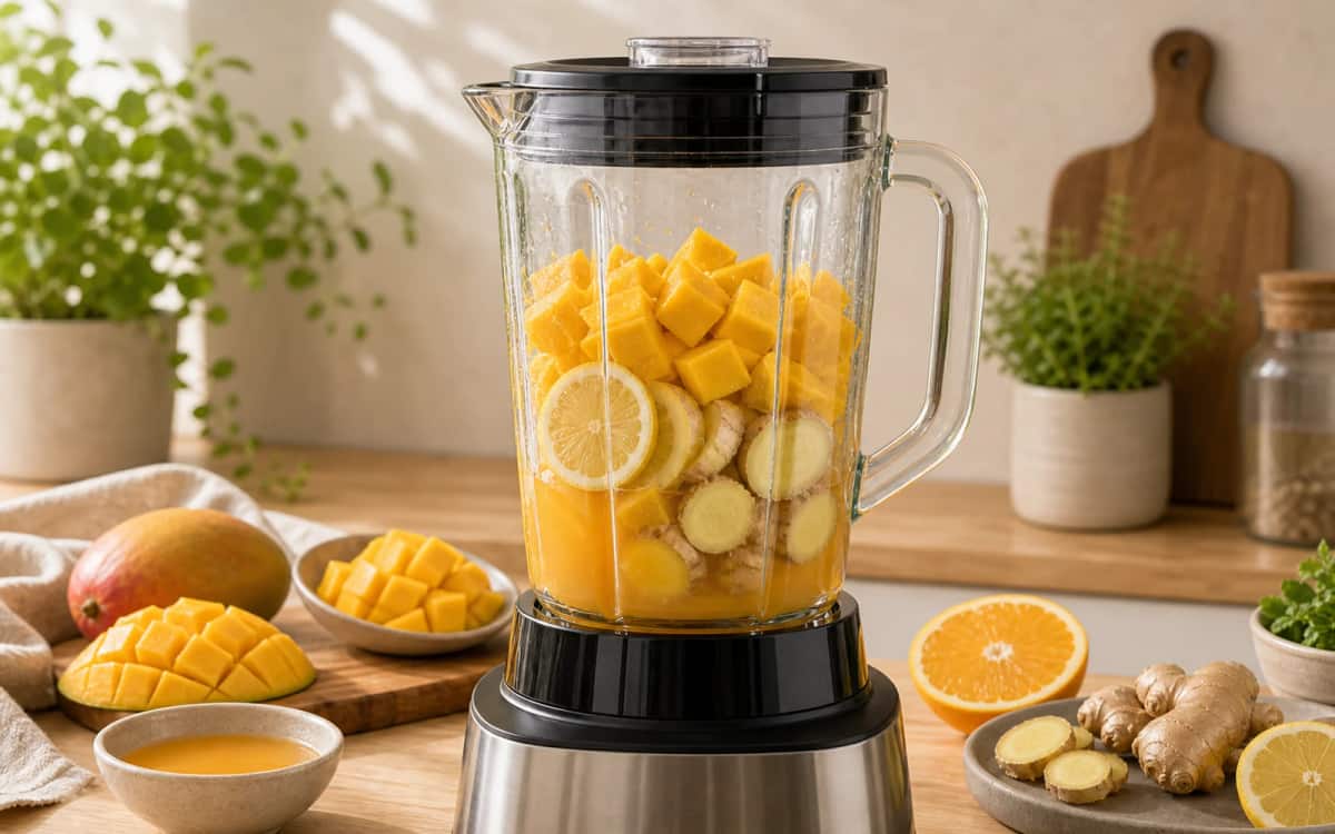 Vorbereitung im Mixer – Frische Zutaten sichtbar Smoothie-Zutaten im Hochleistungsmixer kurz vor dem Mixen