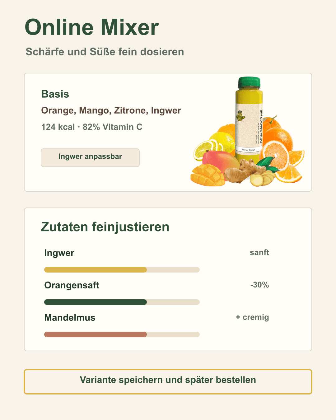 Smoothie-Konfigurator: Deine Mischung, deine Regeln Benutzeroberfläche eines Online Smoothie Konfigurators mit Zutatenauswahl