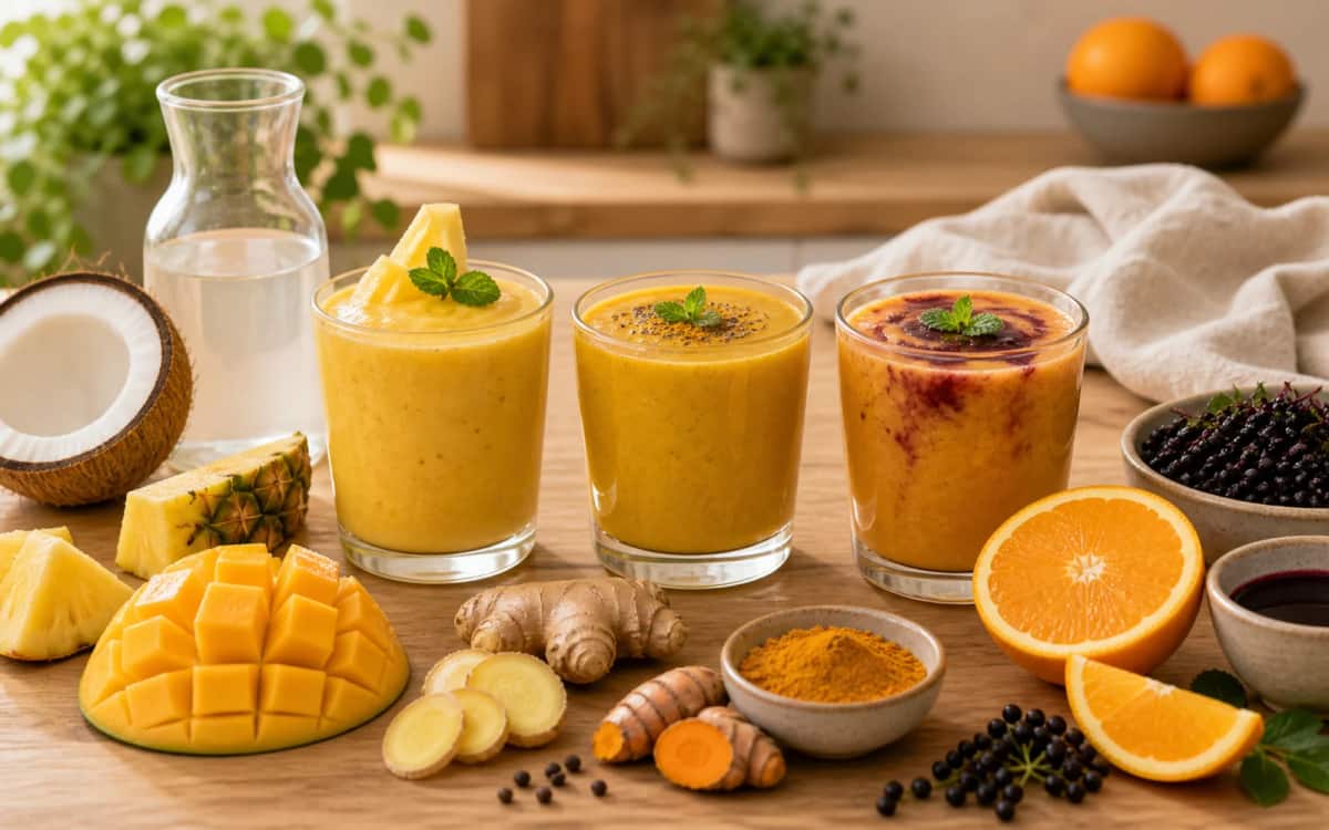 Kokos-Twist, Kurkuma-Boost und Holunder-Winter-Version im Vergleich Drei verschiedene Smoothie-Variationen im Glas mit Zutaten drumherum