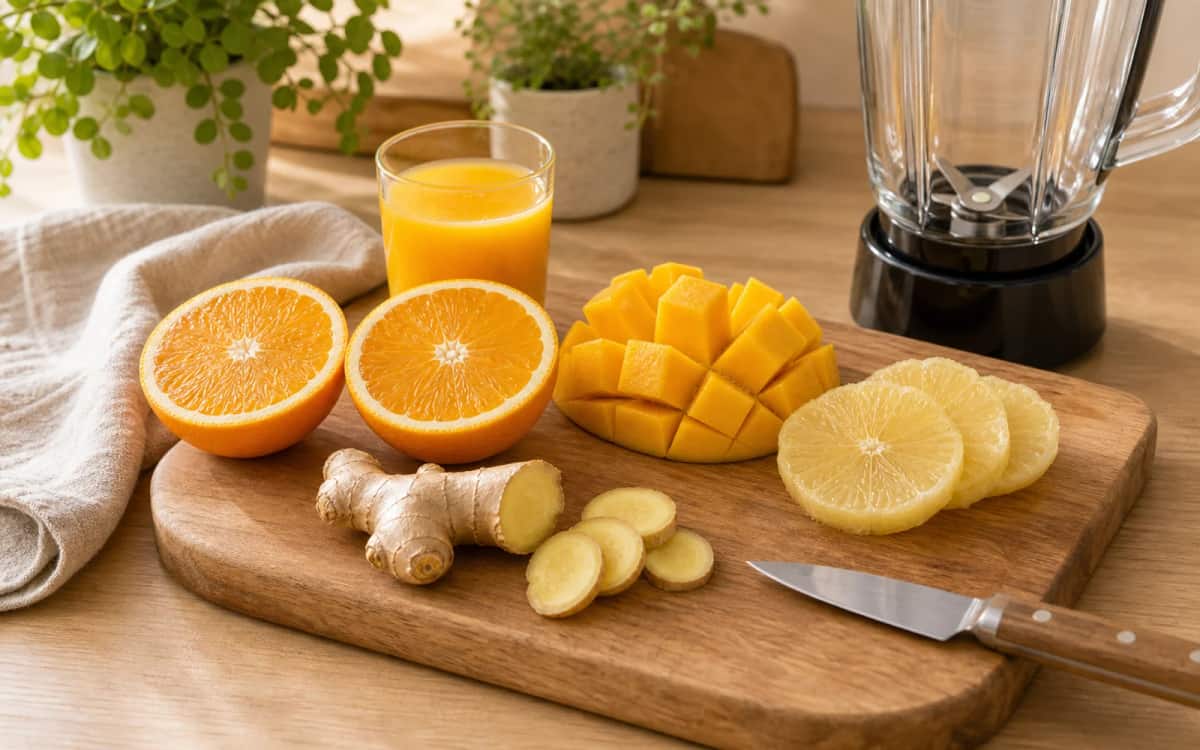 Zitrusfrüchte, Mango und Ingwer auf Schneidebrett arrangiert Zutaten für Smoothie auf Schneidebrett vorbereitet