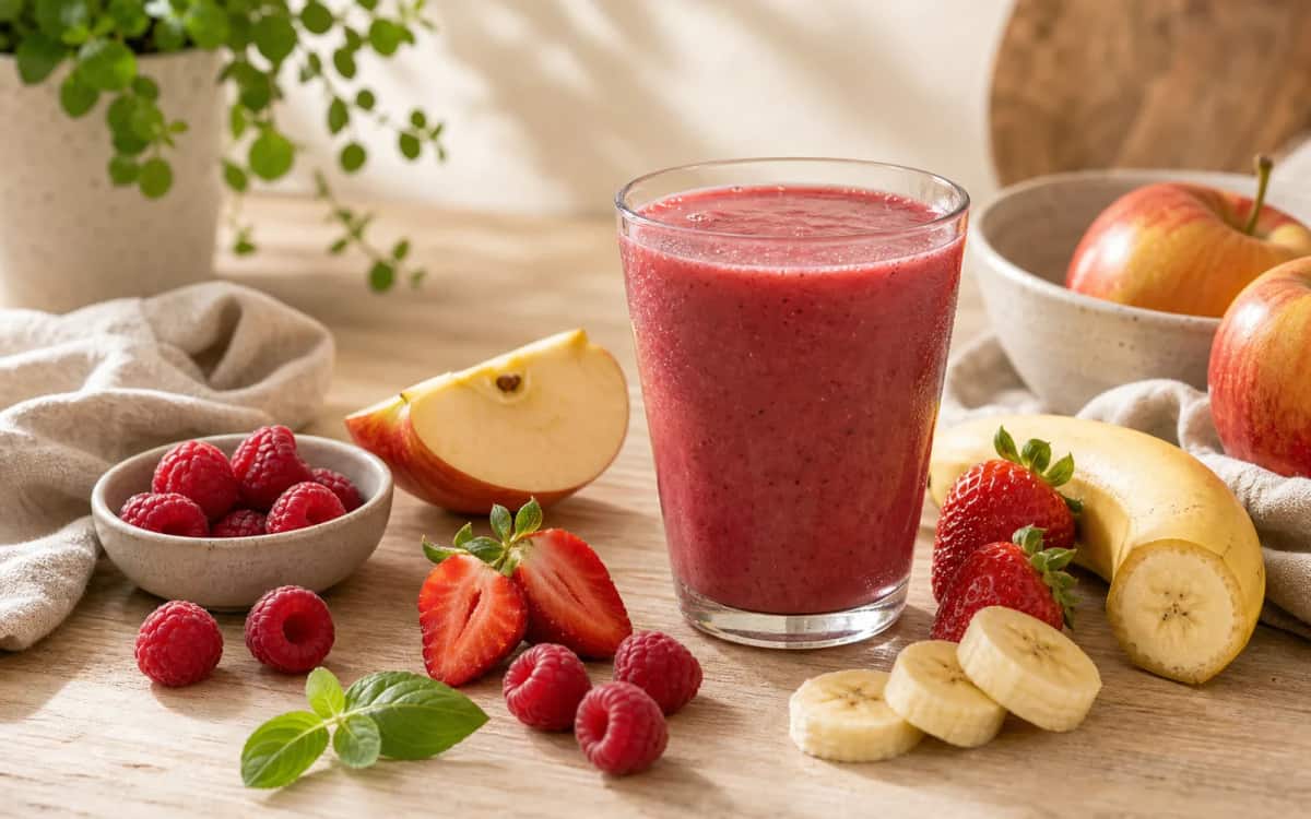 Fructover 1.0 Smoothie – Genuss bei Fructoseintoleranz Smoothie- und Zutatenbild zu Fructover 1.0 Smoothie – Genuss bei Fructoseintoleranz