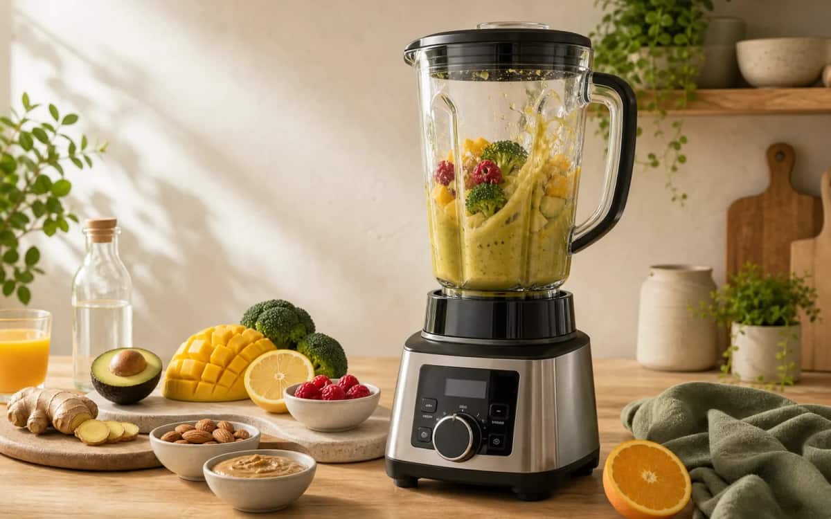 Titanmesser-Mixer für cremige Konsistenz Smoothie- und Zutatenbild zu Titanmesser-Mixer für cremige Konsistenz