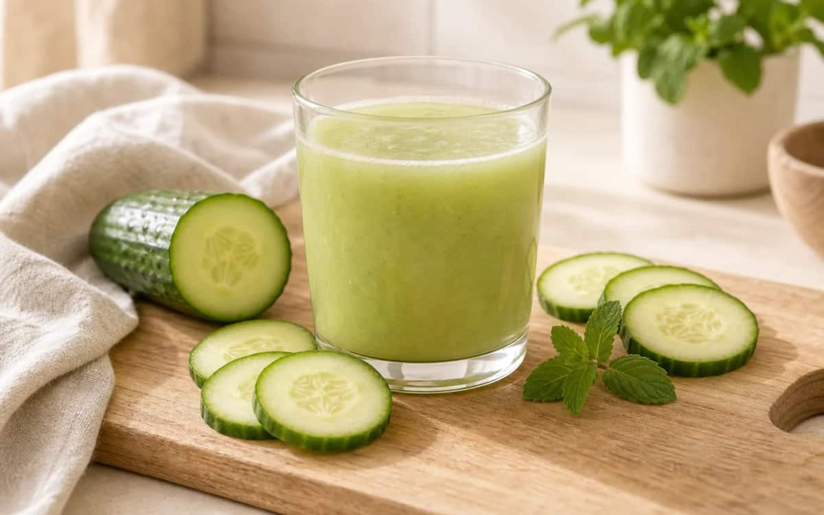 Grüner Diät-Smoothie aus Gurke und Papaya im Servierglas Smoothie- und Zutatenbild zu Grüner Diät-Smoothie aus Gurke und Papaya im Servierglas
