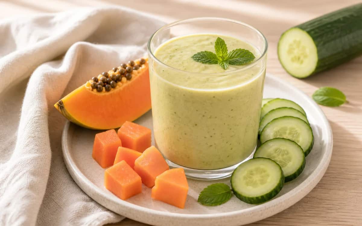Papaya, Pfirsich und Gurke in groben Stücken als Vorbereitung Smoothie- und Zutatenbild zu Papaya, Pfirsich und Gurke in groben Stücken als Vorbereitung
