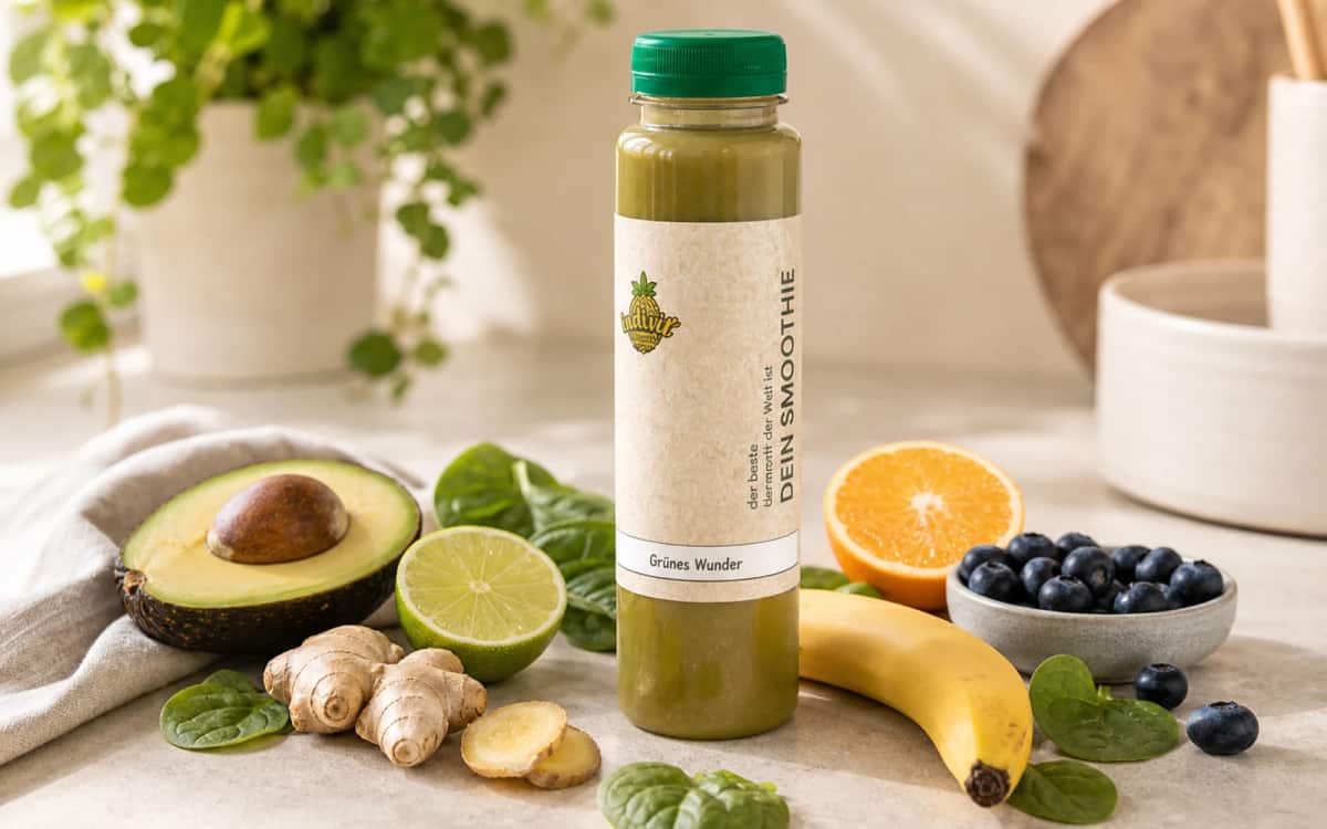 Fertiger Detox Smoothie in nachhaltiger Indivit-Flasche Indivit Smoothie-Produktfoto zu Fertiger Detox Smoothie in nachhaltiger Indivit-Flasche