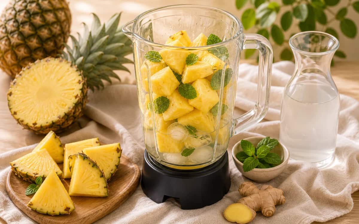 Zutaten im Hochleistungsmixer – Schichtung vor dem Mixprozess Smoothie- und Zutatenbild zu Zutaten im Hochleistungsmixer – Schichtung vor dem Mixprozess