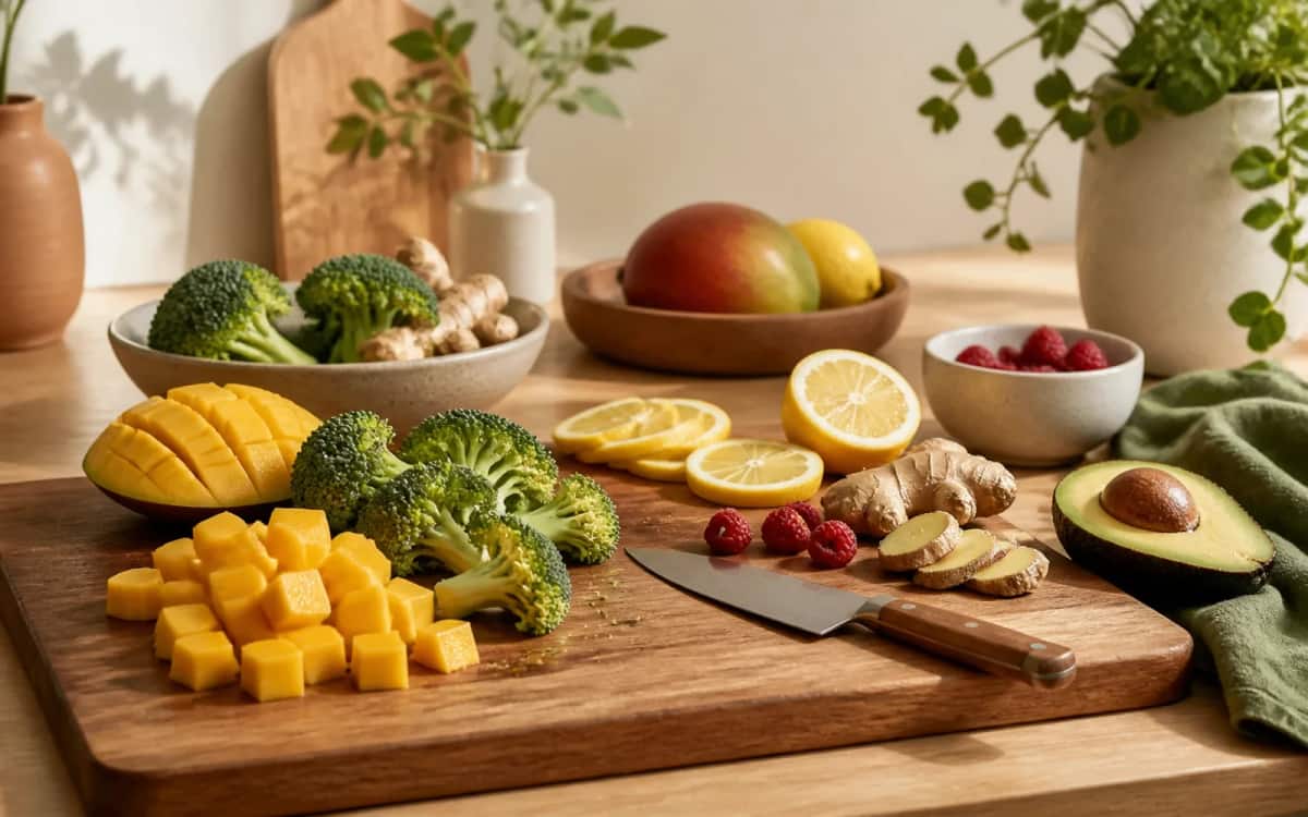 Zutatenvorbereitung für den fructosearmen Smoothie Smoothie- und Zutatenbild zu Zutatenvorbereitung für den fructosearmen Smoothie