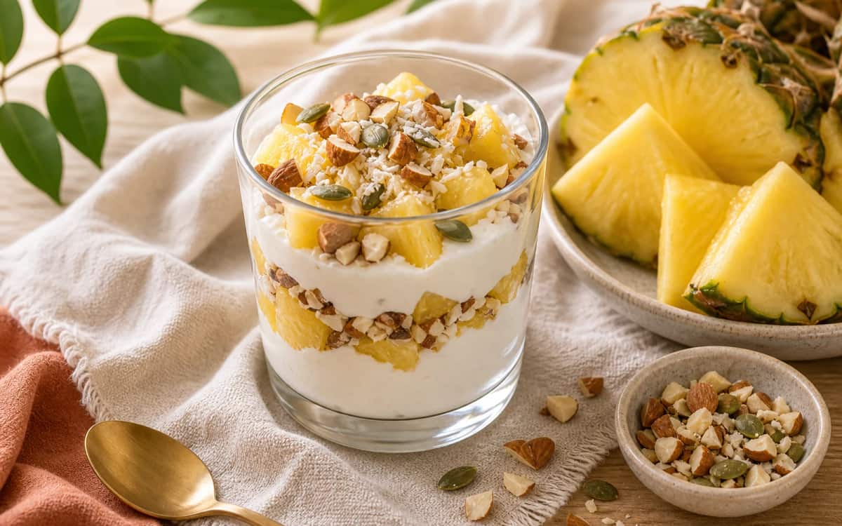 Sattmacher-Kombi: Ananas mit Skyr und Nüssen Ananaswürfel mit Skyr und Nüssen im Glas
