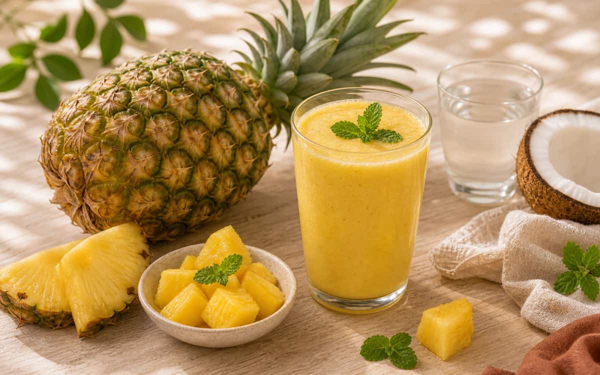 Ananas-Smoothie: Frische Tropenpower im Glas Frische Ananas neben einem Smoothie-Glas auf Holztisch