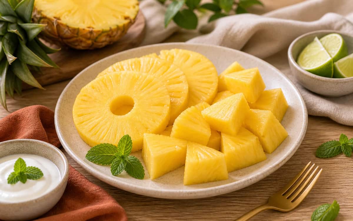 Gesunde Ananas-Snack-Alternative für zwischendurch Geschnittene Ananasscheiben als Snack auf Teller