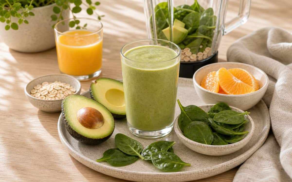Zutatenmix für das Smoothie-Rezept ‚Brekster 1.0‘ Zutaten für einen cremigen Avocado-Smoothie mit Spinat und Orange