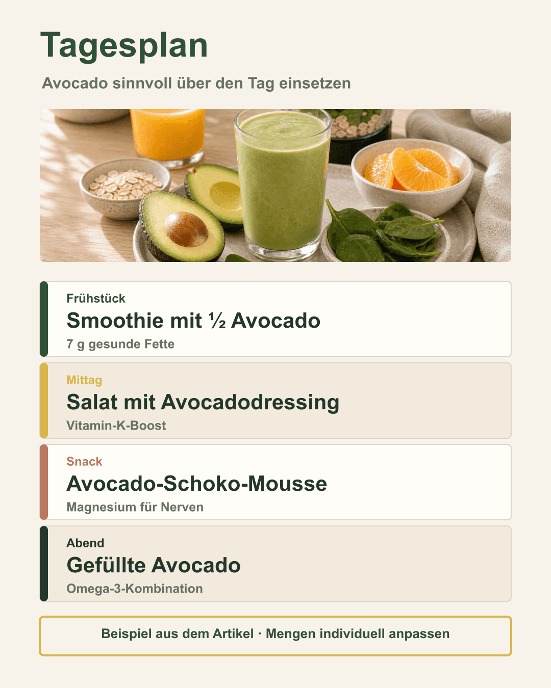Avocado-Ernährungsplan mit Frühstück, Snack und Abendessen Tagesplan mit vier Avocado-Mahlzeiten als Infografik