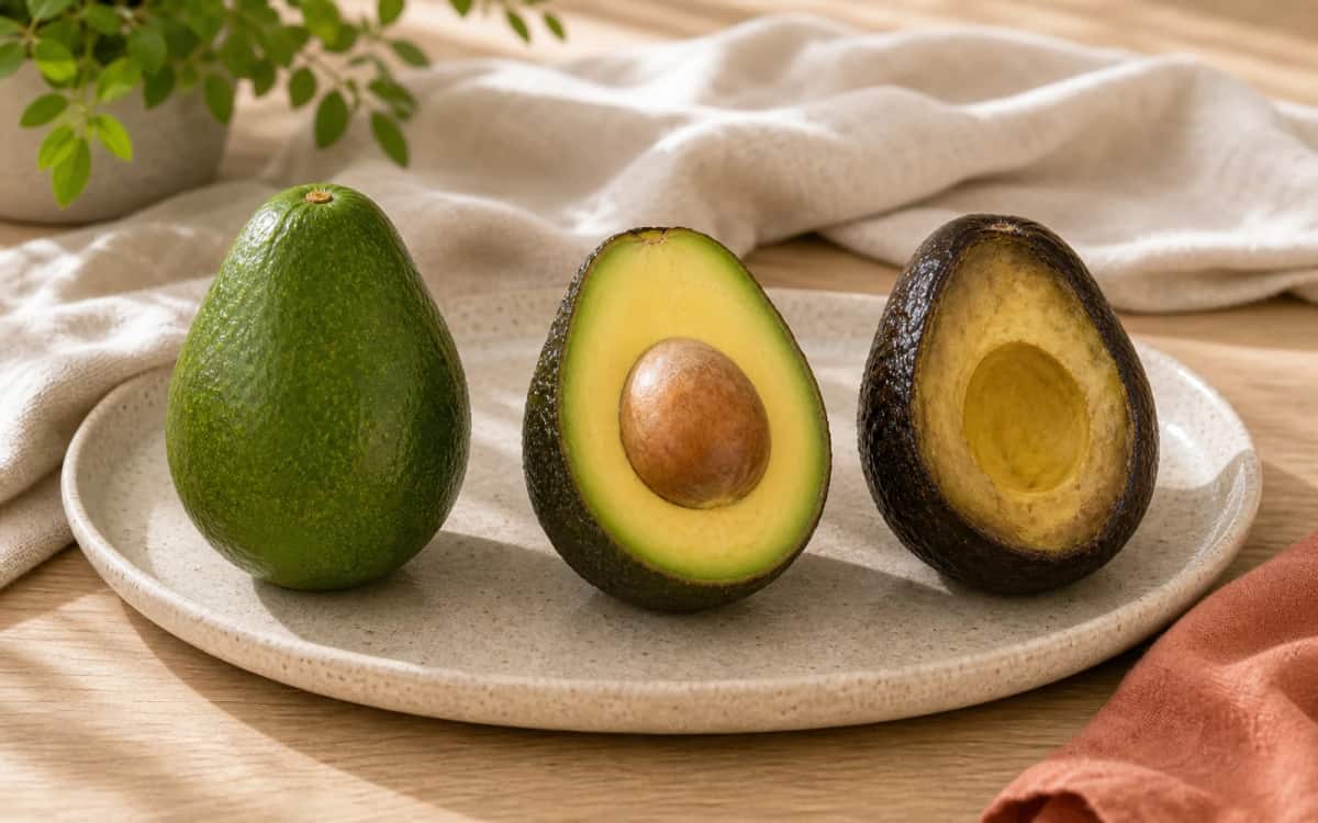 Reifegrad erkennen: von unreif bis überreif Drei Avocados mit unterschiedlichen Reifegraden