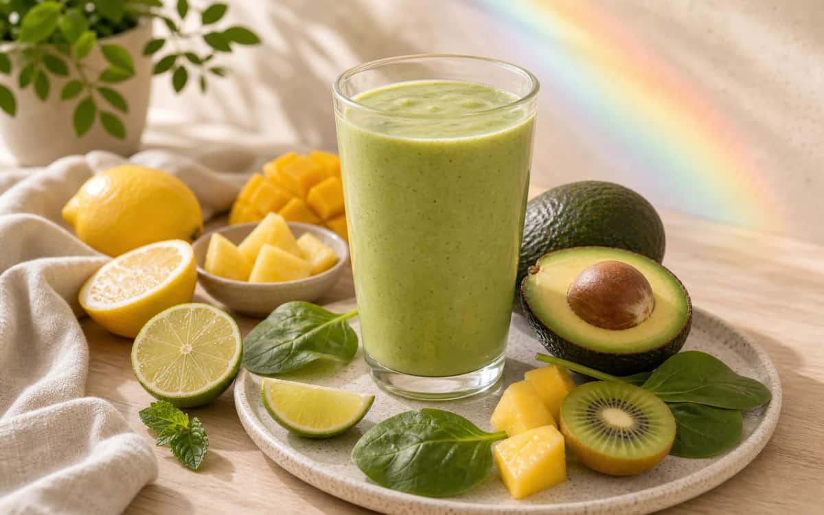 Bunter Smoothie mit Avocado – optisches Highlight Avocado-Smoothie in Glas mit Regenbogenhintergrund