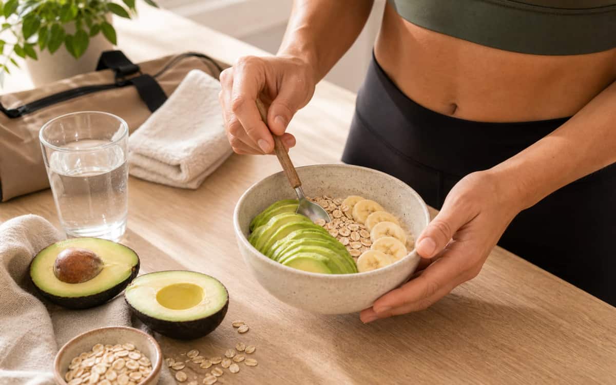 Avocado als Sport-Snack für Energie und Regeneration Sportlerin mit Snack aus Avocado und Haferflocken