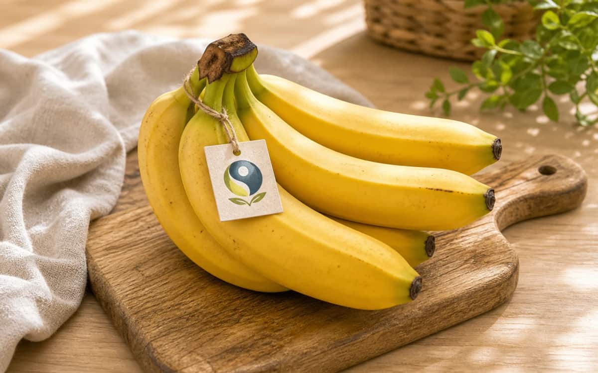 Bio- und Fairtrade-Bananen nachhaltig genießen Bio-Bananen mit Fairtrade-Siegel auf Holz