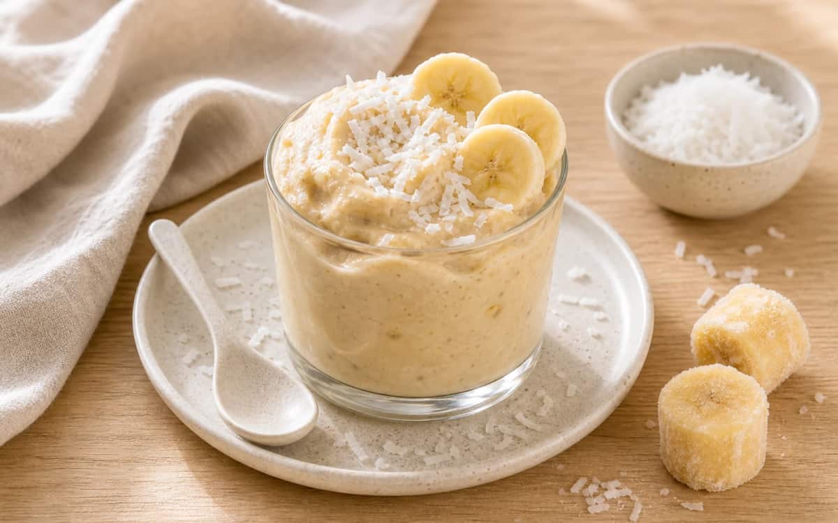 Nicecream: Bananeneis ohne Zuckerzusatz Selbstgemachte Bananen-Nicecream im Glas mit Kokosraspeln