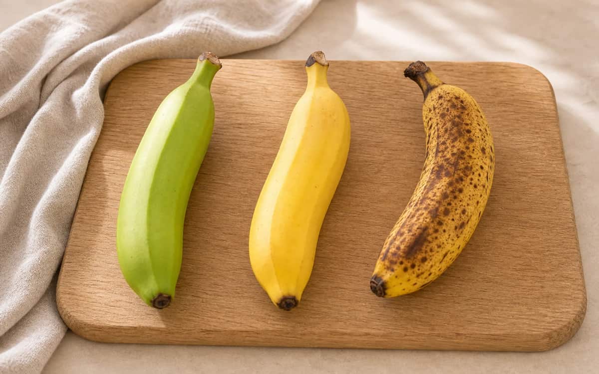 Reifestufen der Banane: von grün bis braun Drei Bananen nebeneinander in grün, gelb und braungefleckt