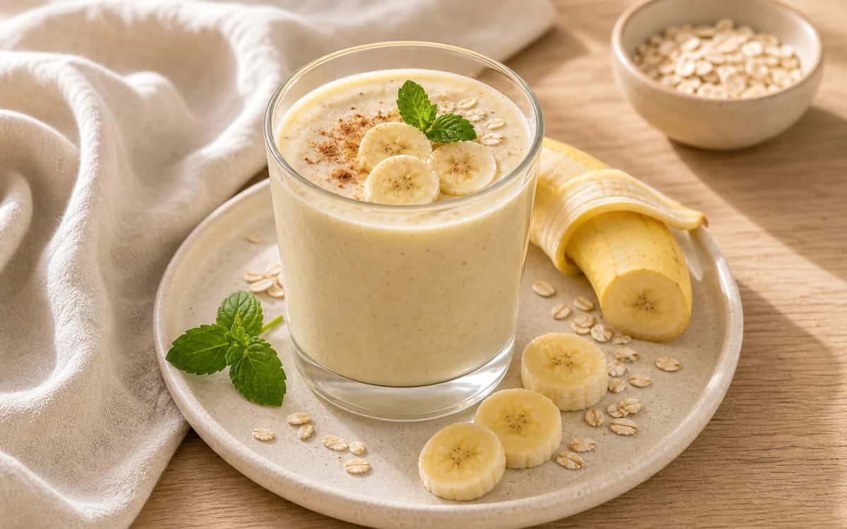 Frischer Bananen-Smoothie mit cremiger Textur Bananen-Smoothie im Glas mit Deko