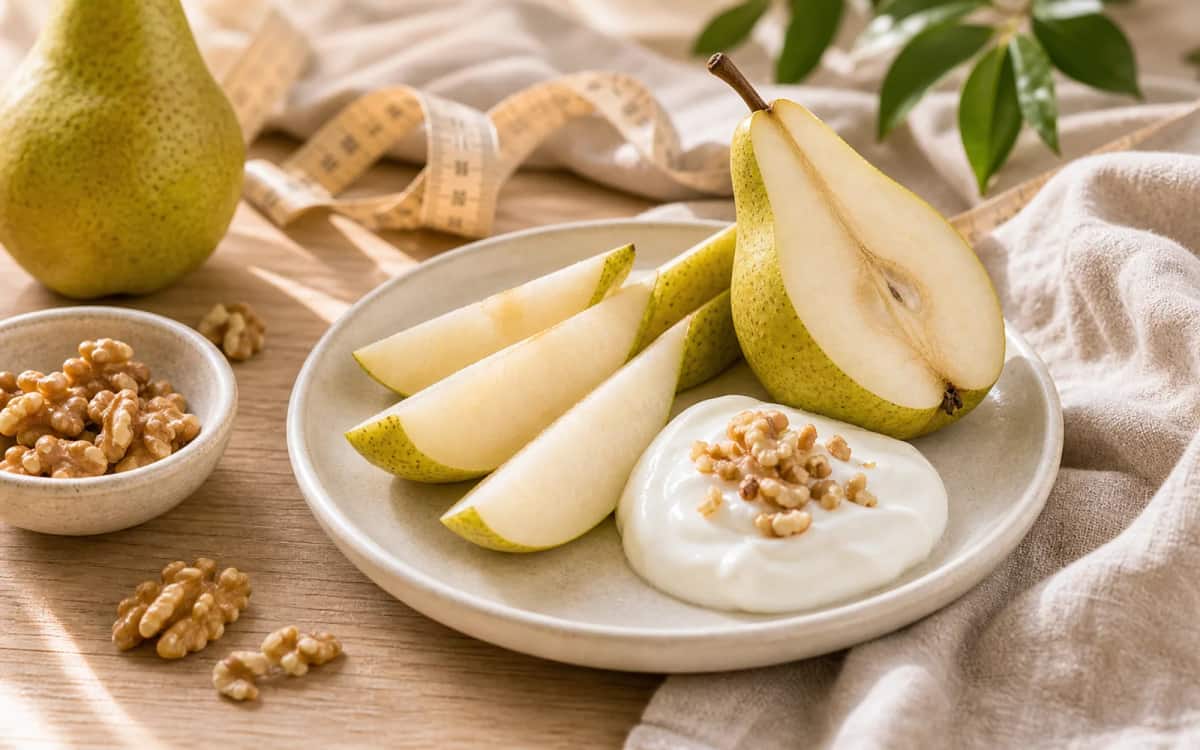 Birne als kalorienarmer Sattmacher für Diäten Birne mit Maßband – gesunder Snack für Diäten