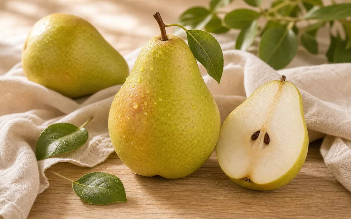 Frische Birne – saftig, süß und kalorienarm Frische, saftige Birne mit Tautropfen