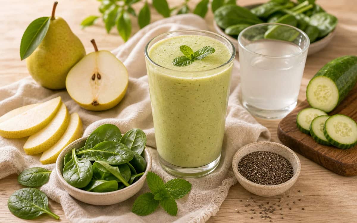 Rezeptidee: Green Harmony Birnen-Smoothie Grüner Smoothie mit Birne, Spinat und Kokoswasser