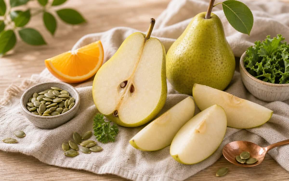Birne – Quelle für Kupfer, Vitamin C & Folsäure Frische Birne mit Vitamin- und Mineralstoffsymbolen