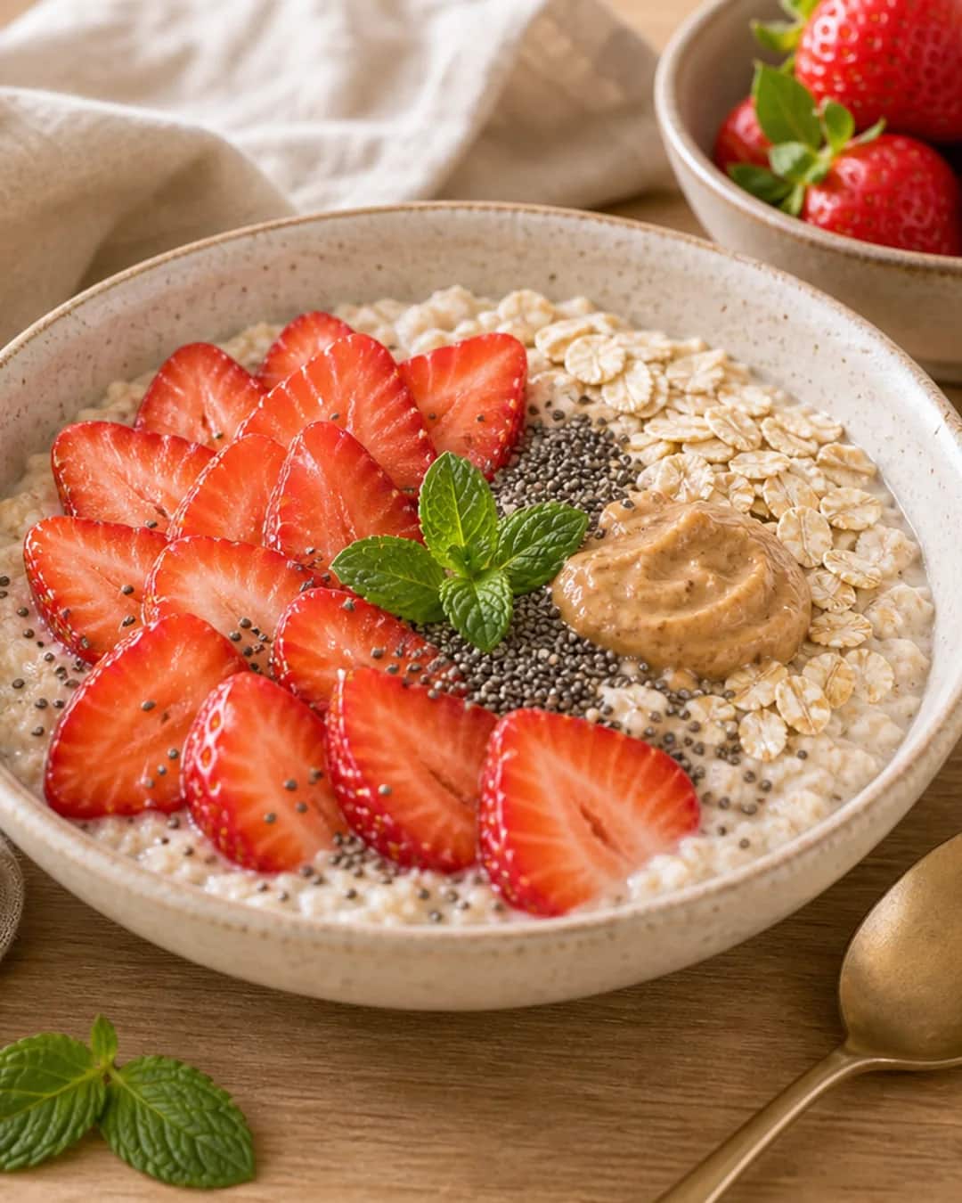Gesunde Erdbeer-Bowl mit Haferflocken Erdbeer-Frühstücksbowl mit Haferflocken und Chiasamen