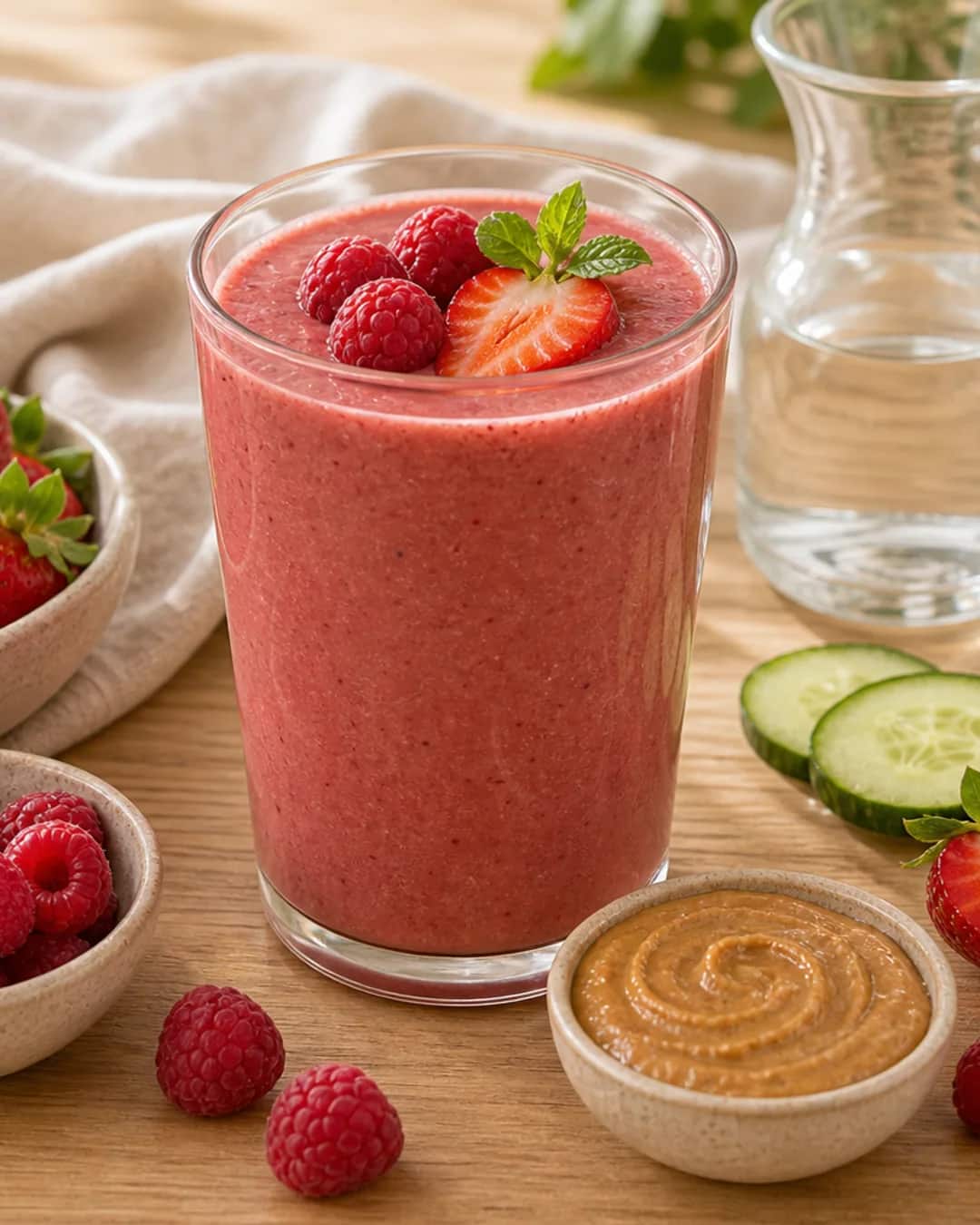 Der perfekte Erdbeer-Smoothie: MojoFit 1.0 Frischer Smoothie mit Erdbeeren, Gurke und Himbeeren