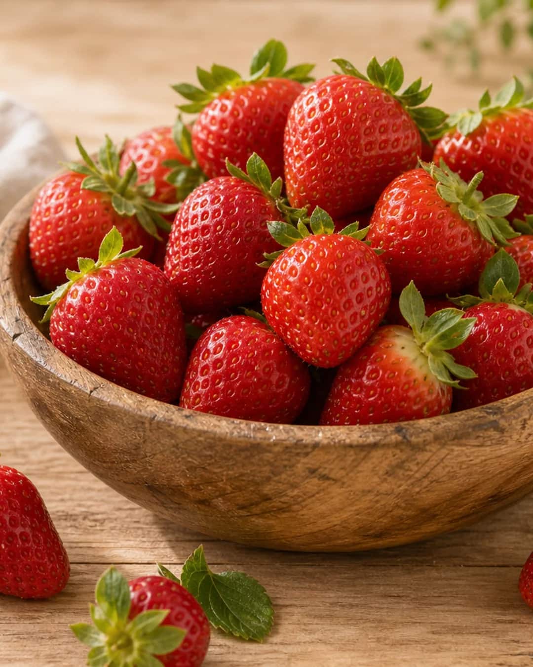 Frische Erdbeeren in rustikaler Präsentation Erdbeeren in einer rustikalen Holzschale auf Holztisch