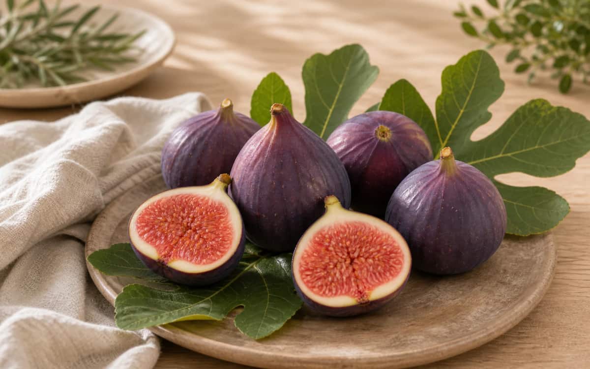 Frische Feigen als gesunde mediterrane Powerfrucht Frische violette Feigen auf einem Holzbrett mit Blättern
