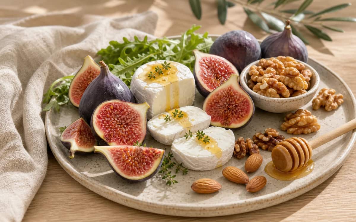 Feigen als süße Ergänzung auf der Käseplatte Frische Feigen auf einer mediterranen Käseplatte mit Nüssen