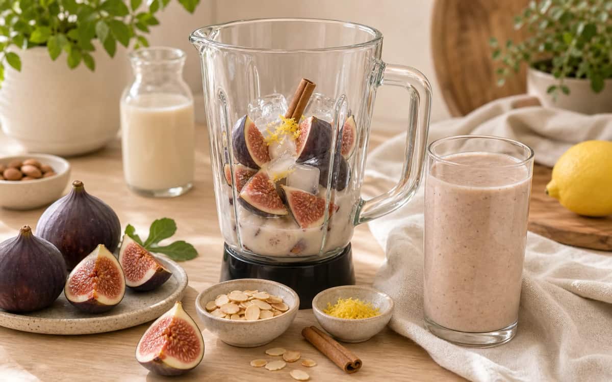 Feigen-Smoothie einfach selbst zubereiten Zubereitung eines Feigen-Smoothies mit Mixer und Zutaten