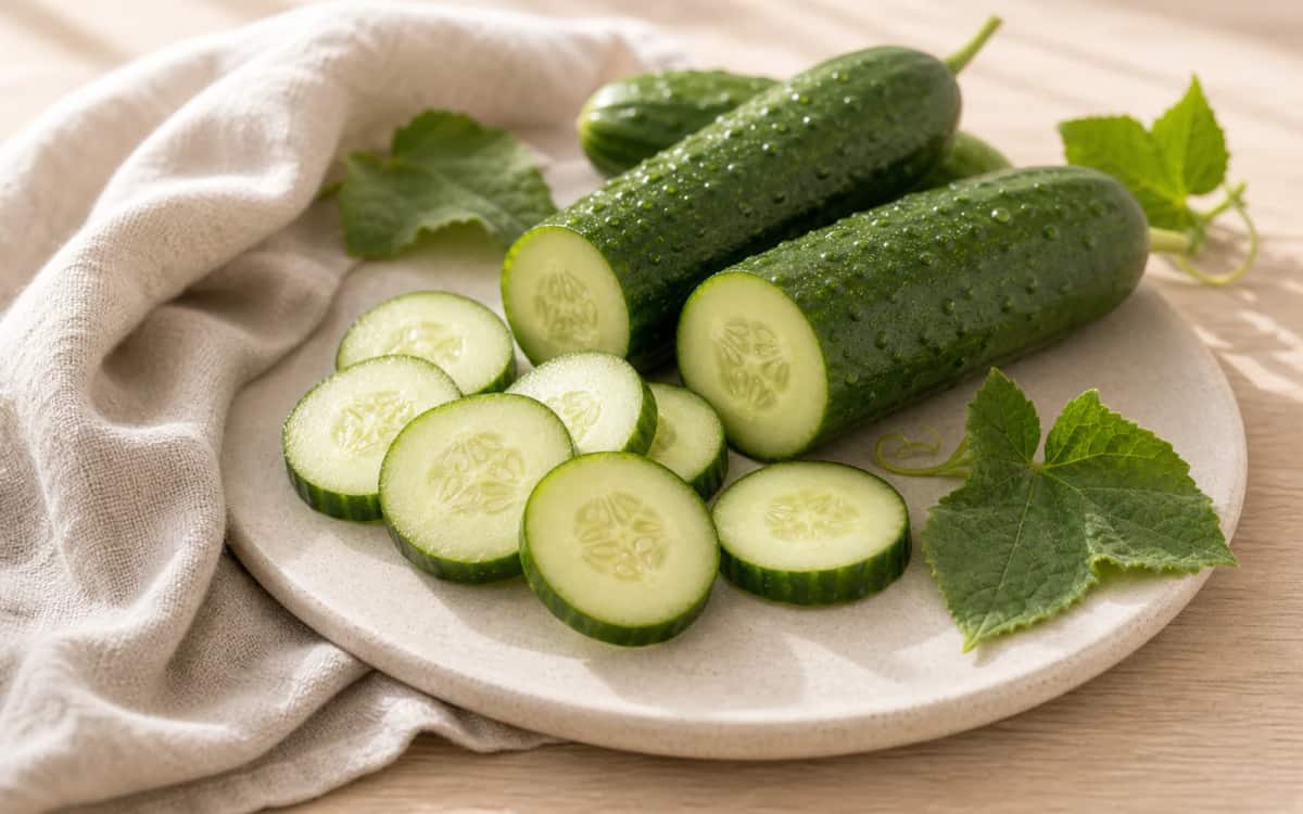 Frisch geschnittene Salatgurken – der Star der gesunden Ernährung Salatgurken im Querschnitt auf hellem Untergrund