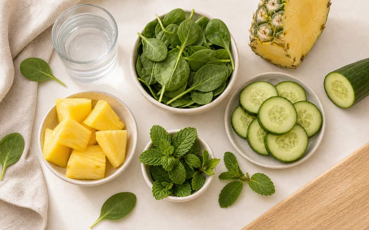 Perfekte Kombis: Gurke trifft Ananas, Minze und Spinat Smoothie-Zutaten: Gurke, Ananas, Minze und Spinat auf weißem Untergrund