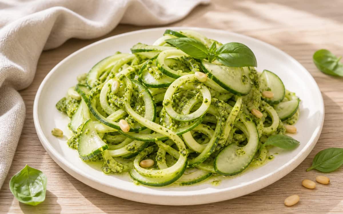 Low-Carb-Highlight: Gurkennudeln mit Basilikumpesto Gurkennudeln mit Pesto auf weißem Teller