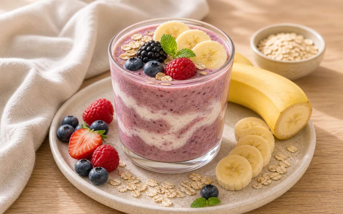 Smoothie-Inspiration: Fruchtig, cremig, gesund – mit Haferdrink Bananen-Beeren-Smoothie mit Haferdrink als Basis