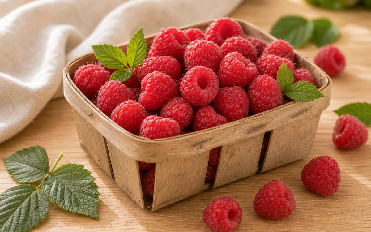 Frisch geerntete Himbeeren im Holzkorb Himbeeren in einem rustikalen Holzkörbchen auf Holztisch
