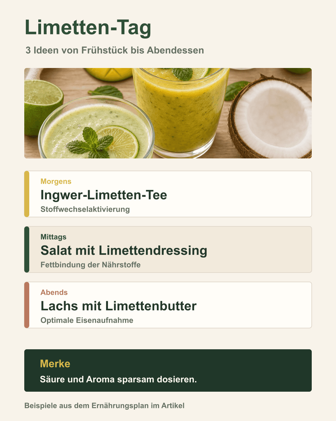 Dein Limetten-Tagesplan von morgens bis abends Tagesplan mit Limettenrezepten von Frühstück bis Abendessen