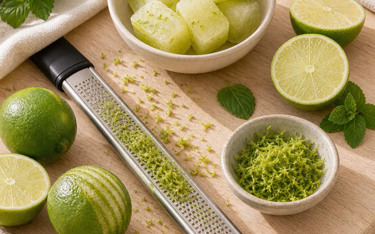 So vielseitig lässt sich Limette in der Küche einsetzen Frische Limette mit Reibe, Saftwürfeln und Kräutern