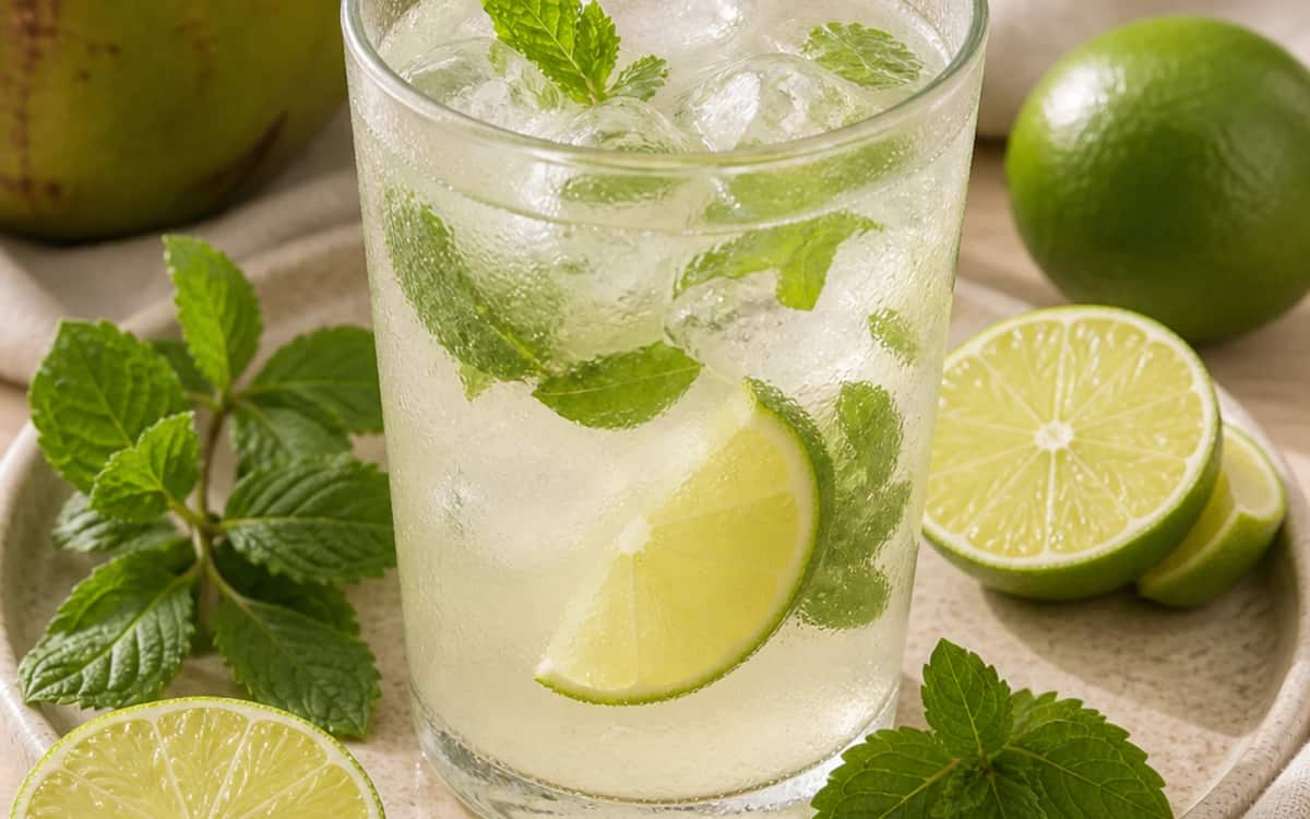 Erfrischender Limettensaft-Mix mit Kokoswasser Glas mit Limettensaft, Kokoswasser und Minze auf Eis