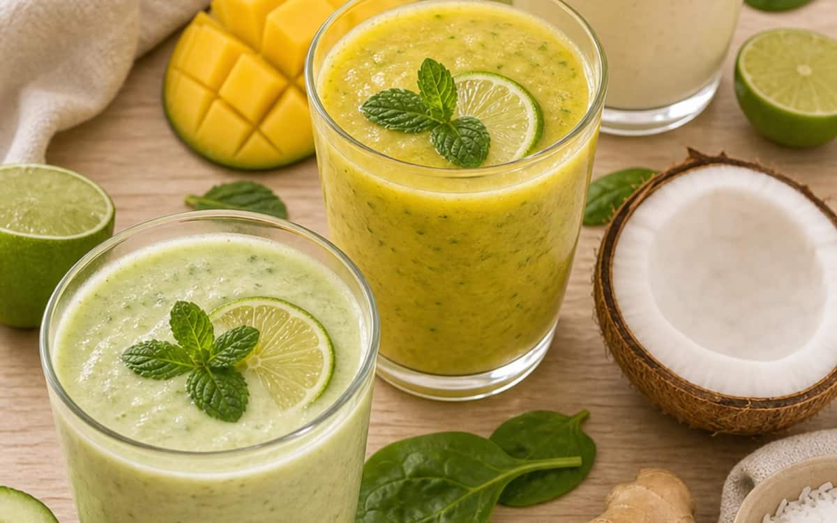 Kreative Smoothie-Kombis mit Limettensaft Verschiedene Smoothie-Gläser mit Limette und Zutaten