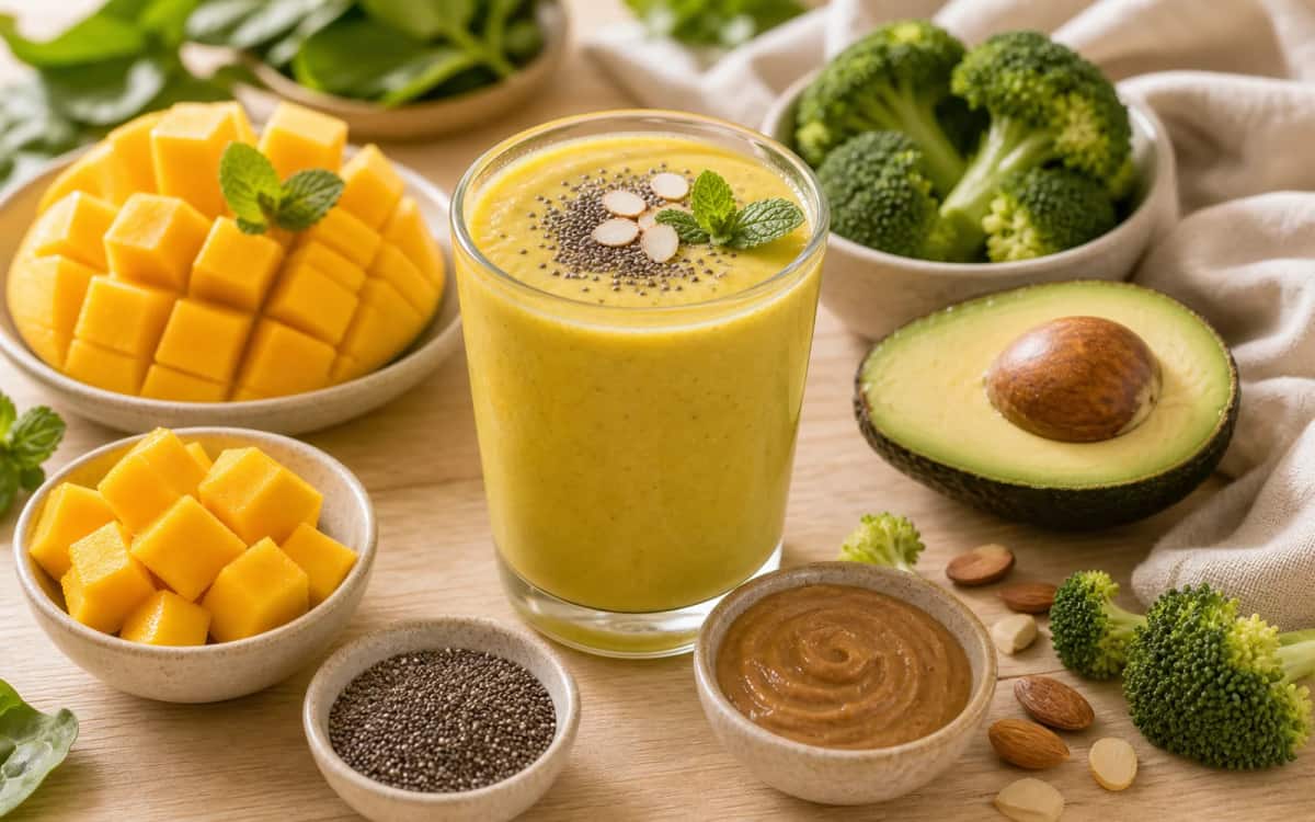 Brainfood Smoothie mit Mango, Avocado und Brokkoli Mango-Avocado-Smoothie mit Brainfood-Zutaten