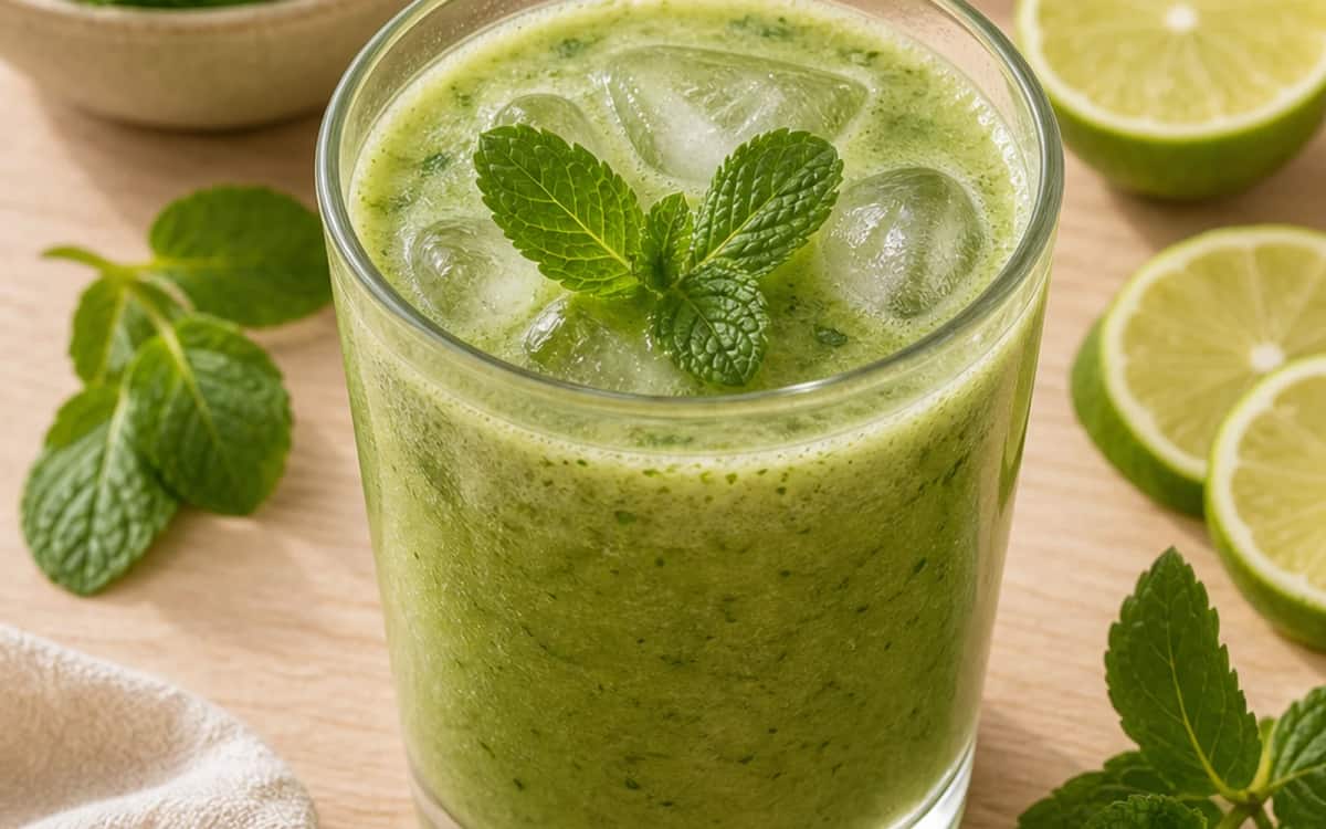 Erfrischender Smoothie mit frischer Pfefferminze – natürlich und nährstoffreich Frische Minzblätter in einem grünen Smoothie mit Eiswürfeln