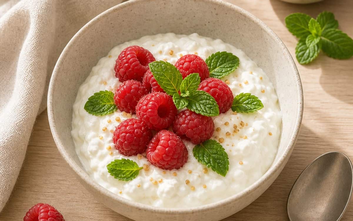 Power-Frühstück: Minze trifft auf Quark und Beeren Frühstück mit Quark, Minze und Himbeeren auf einem Frühstückstisch