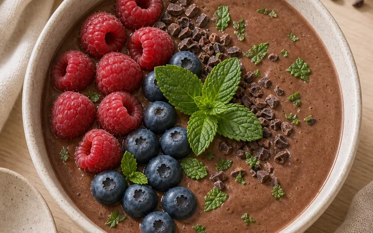 Geschmackserlebnis: Schoko-Minz-Bowl mit fruchtiger Note Schoko-Minz-Smoothie-Bowl mit Beeren und Minzblättern