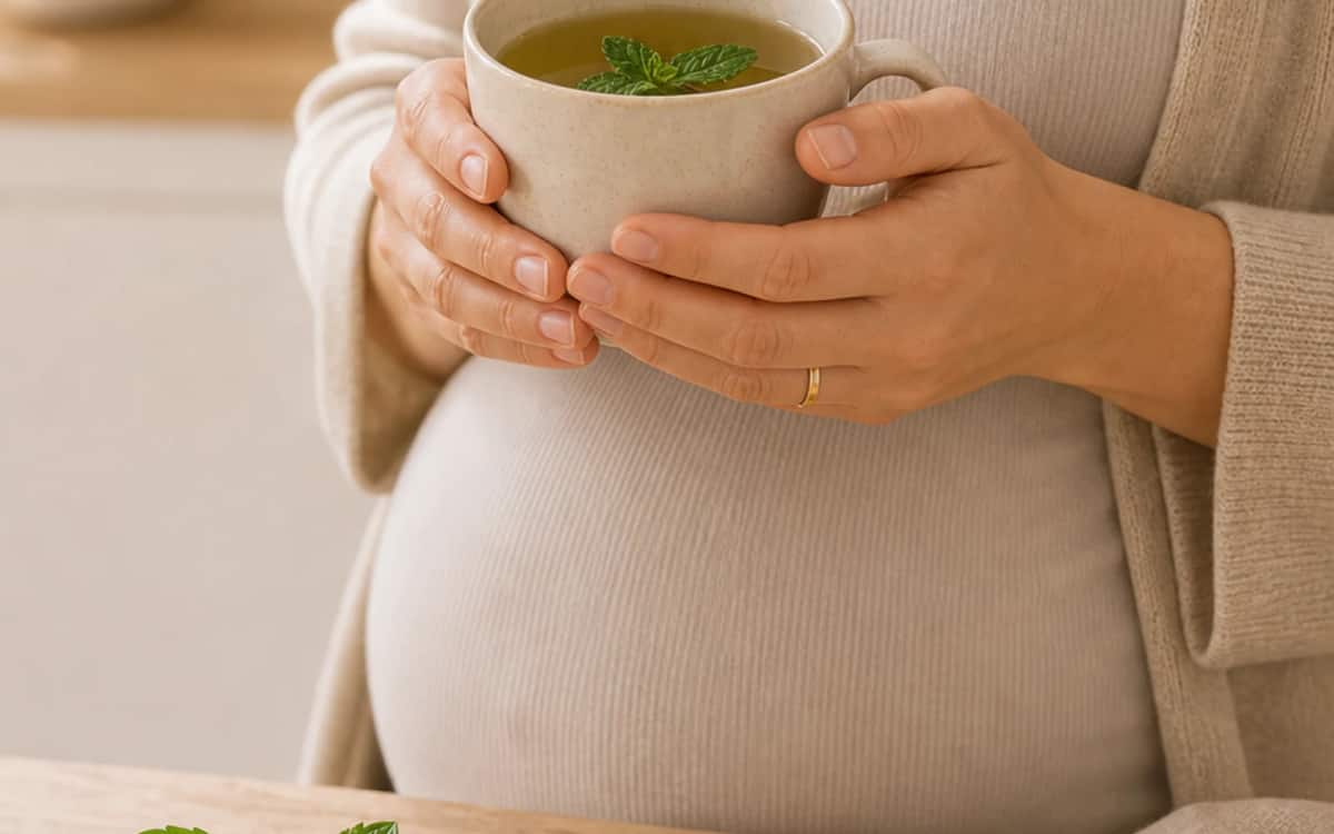 Pfefferminztee in der Schwangerschaft: Nur in Maßen genießen Schwangere Frau trinkt vorsichtig eine Tasse Pfefferminztee